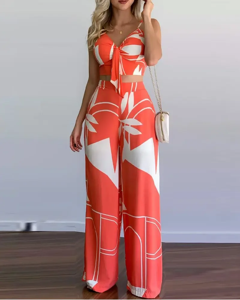 2022 Summer New Women's 2piece Set Of Plant Print Lace Up Details