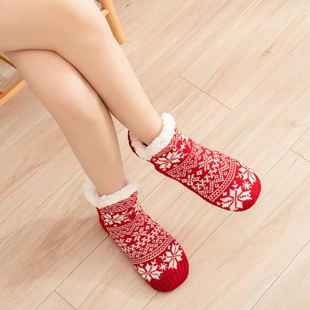 

Breathable Socks Snowflake Print Winter Floor Socks with Thick Plush Lining Anti-skid Design for Resistance Warmth Mid-tube