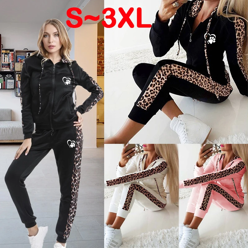 Women's leopard print sports zippered hoodie sports pants outdoor long sleeved sportswear two-piece set autumn and winter youth couple sports suit large long sleeve trousers middle aged and elderly straight two piece zipper cardigan