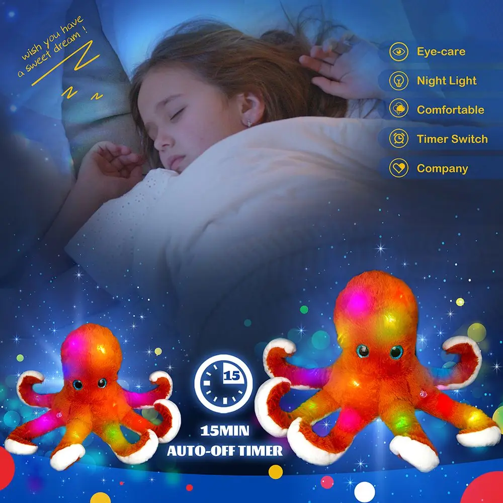 45cm Red Cute Octopus Doll Cotton Plush Toys LED Light Luminous Pillows Glowing Stuffed Animals Musical Gift for Kids Birthdays