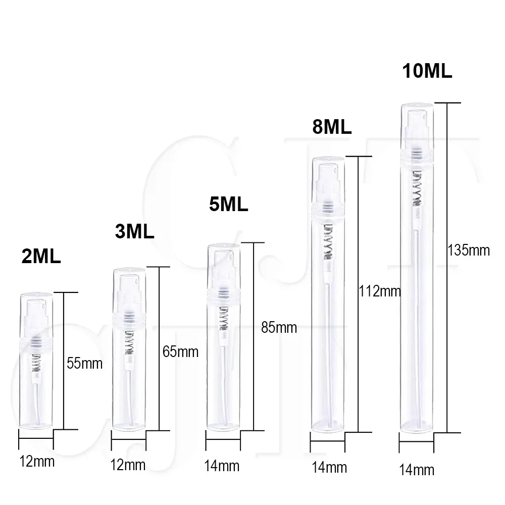 미니 플라스틱 스프레이 병, 향수 병, 리필 가능한 병, 빈 화장품 용기, 2ml, 3ml, 5ml, 8ml, 10ml, 100 개