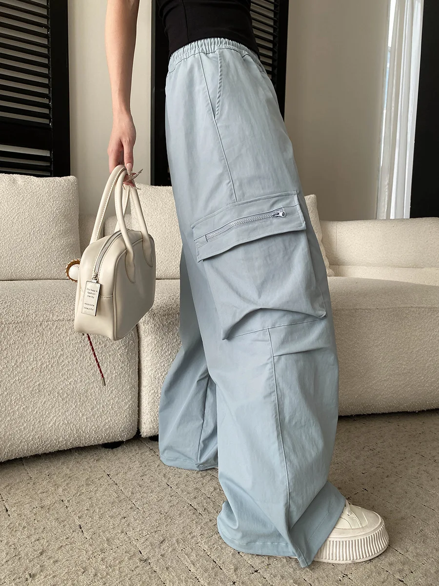 Frühlingshose für Damen, einfarbig, amerikanischer Retro-Stil, mit Kordelzug, elastischer hoher Taille, lässige Fallschirmjäger-Arbeitshose mit weitem Bein – Detail 8
