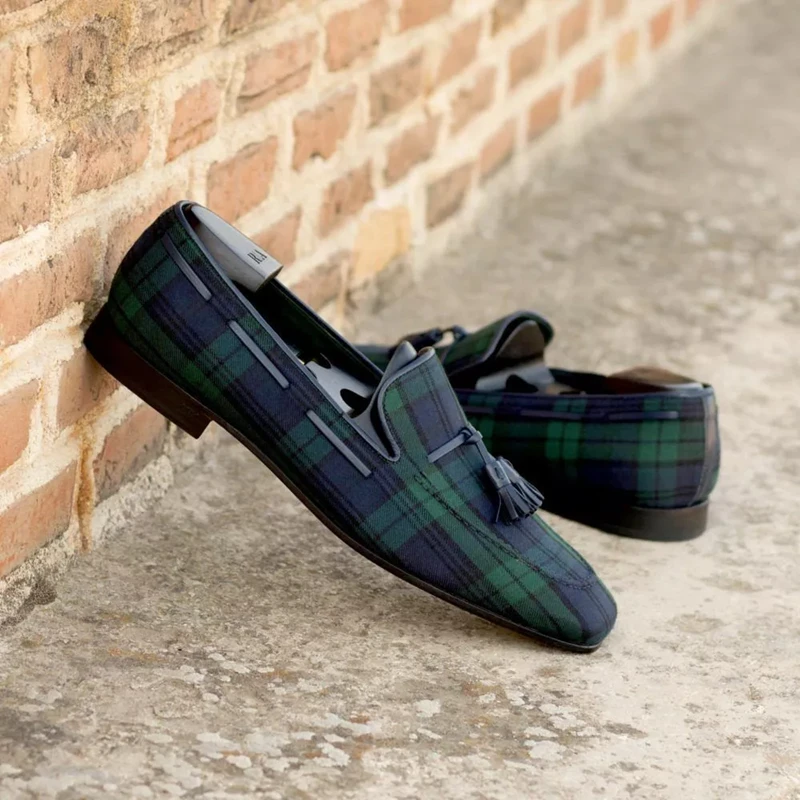 

New Casual Men Shoes Green Lattice Square Toe Canvas Lace-up Gingham Fashion Handmade Men Boots Free Shipping Zapatos De Hombre