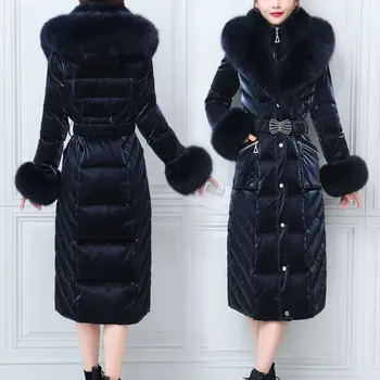 S- 4XL Winter Fake Two Pieces Long Shiny Down Coat Female Thick Warm Waterproof Fluffy Down Fur Coats Real Fox Fur Hooded Parkas
