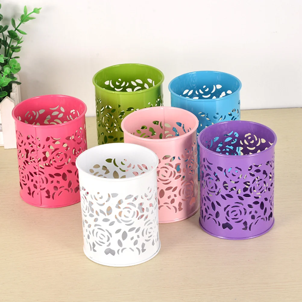 

6pcs Metal Pen Pot Rose Flower Hollow Pencil Holder Container Organizer (Assorted Colors)