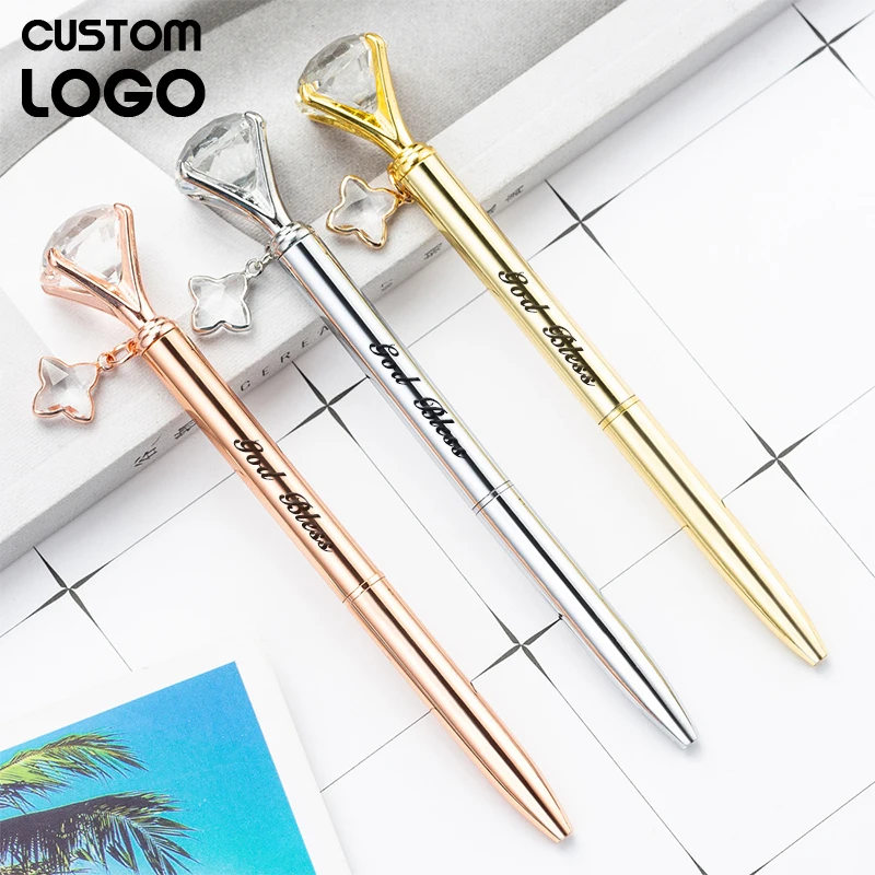 

New Laser Customize Logo Engraved Name Large Diamond Metal Ballpoint Pen Clover Pendant Advertising Pen Office Birthday Gifts