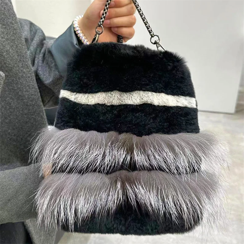 Winter Fashion Plush Tote Bag Rex Rabbit Fur Large Capacity Tote Bag Women's High Quality Plush Chain Crossbody Bag