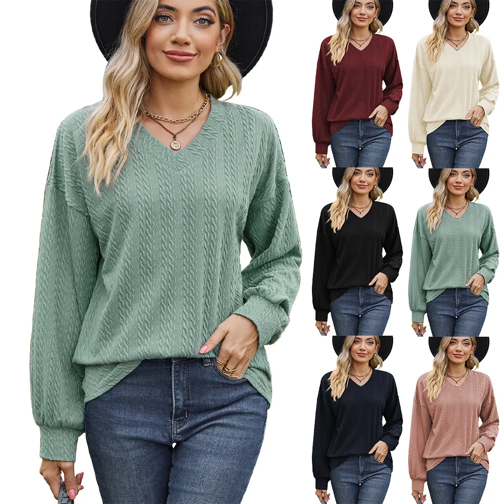 

Women Cuff Long Sleeve T-shirt Tops for Spring, Autumn V Neck Solid Hollow Out