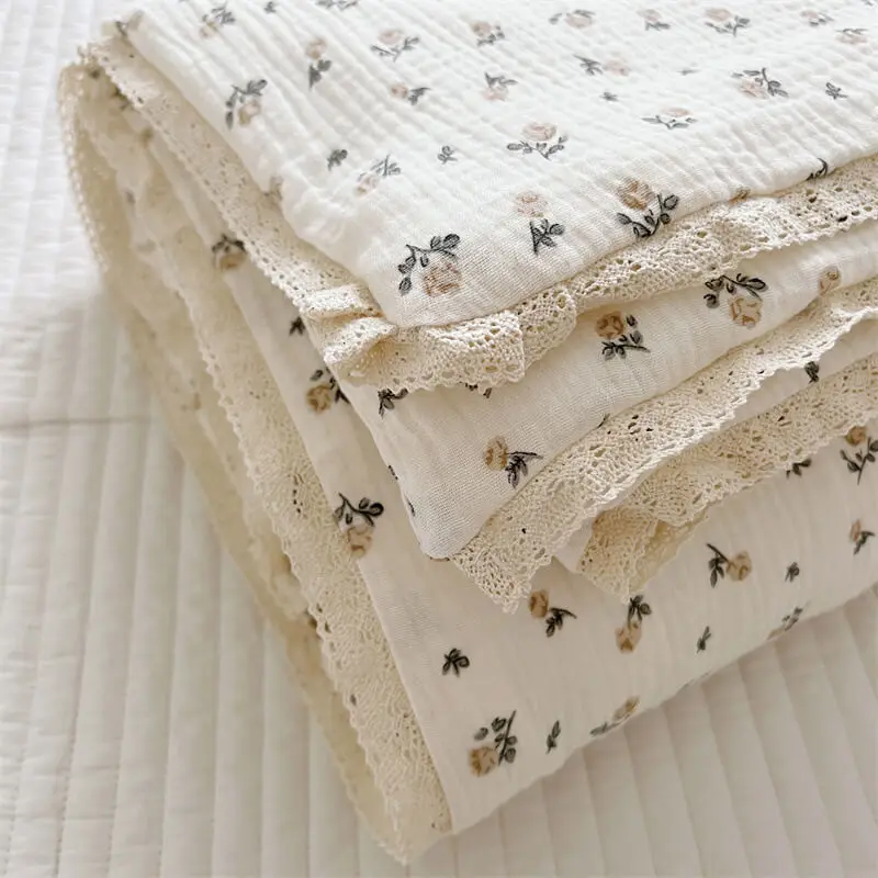 Vintage Floral Cotton Quilts for Cotton Muslin Quilted Baby Blanket Vintage Toddler Floral Blanket -Rose 120x150cm