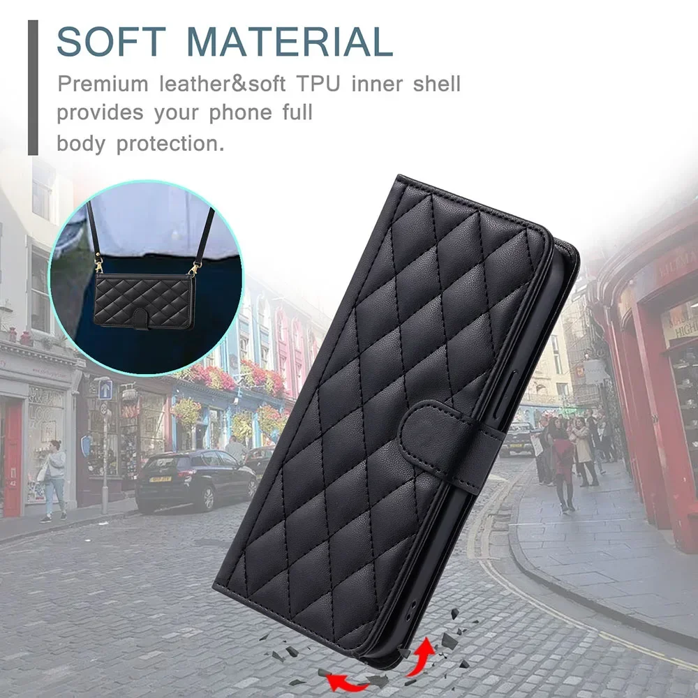 Crossbody Leather Phone Case with Lanyard and Flip Wallet Cover