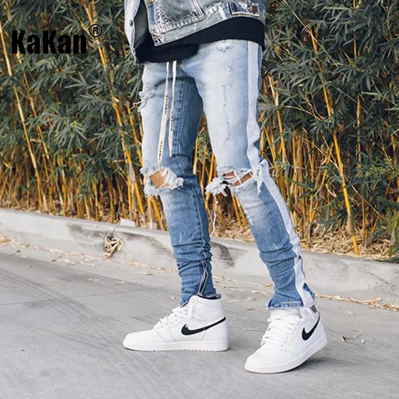 Kakan - Europe and America's New Torn Cut Striped Zippered Jeans for Men, Slim Fitting Men's Small Leg Long Jeans K49-2205