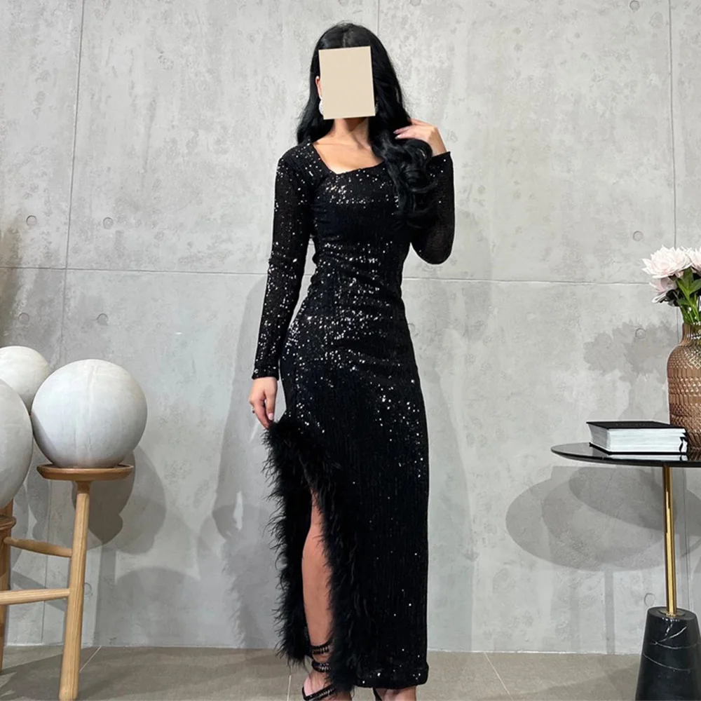 

Temperament Sequins Square Neck Long Sleeve Prom Gown Straight High Slit Ankle-Length Feathers Evening Dresses فساتين سهرة فخمه