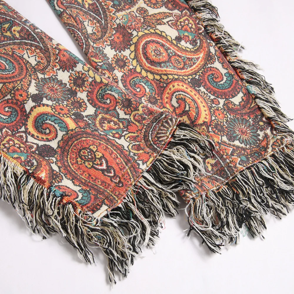 Men Bandana Print Pants Plus Size Multi Pockets Cargo Jeans Fashion Tassels Paisley Bandanna Trousers 5