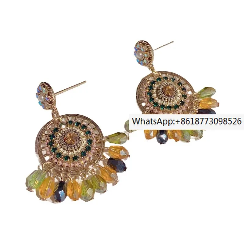 

Runge ł "Bohemia" Vintage Tassel Earrings Ethnic Style Handmade Colorful Crystal Earrings 925 Silver Needle