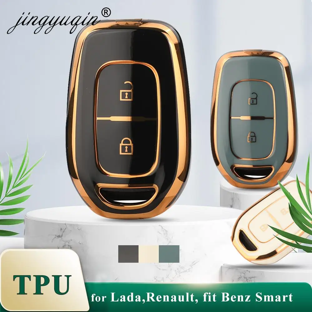 KUNIO Custodia Portachiavi In TPU Morbido Per Renault Kwid, Dacia Sandero/Logan/Duster, Symbol (2016-2018) - 2 Pulsanti - Bianco Con Bordo Dorato