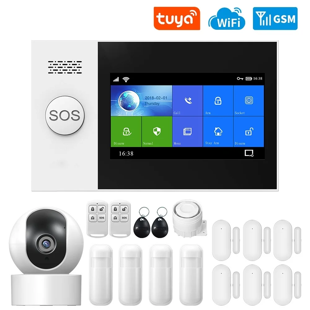 

2024 PG-107 Tuya Wireless WIFI GSM Home Burglar Alarm System IP Camera PIR Motion Sensor Door Sensor Security Alarm Kit APP