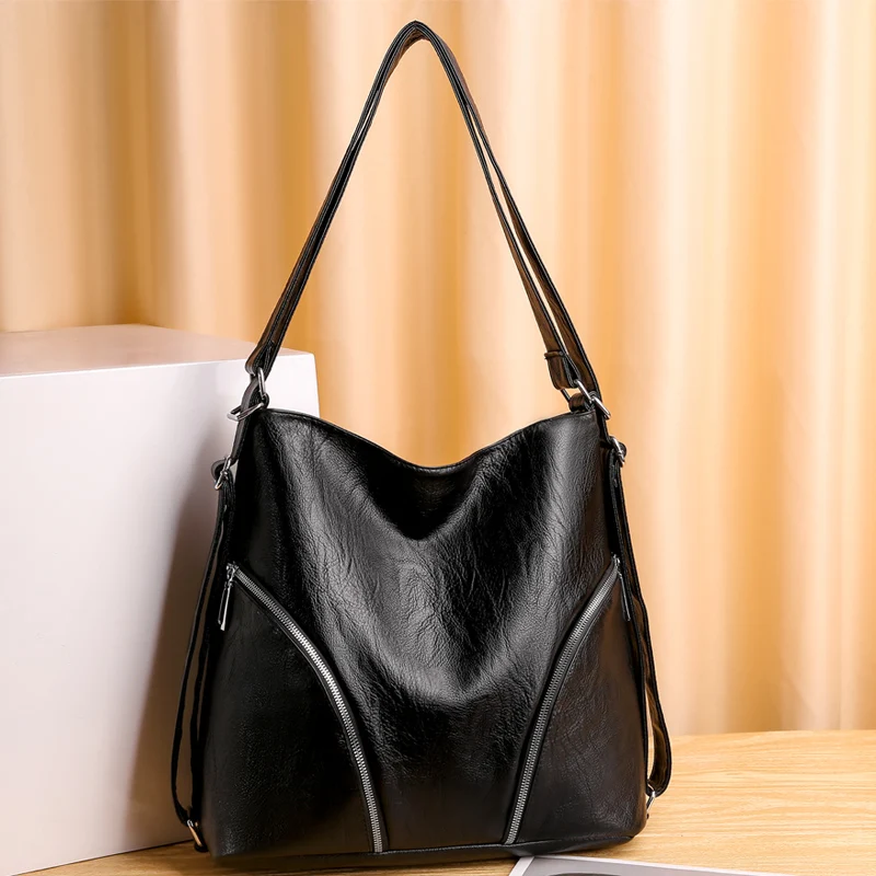 

2023 New PU Leather Black Women Shoulder Strap Leisure Big Capacity Crossbody Bags Daily Large Pocket Zipper For Shopping