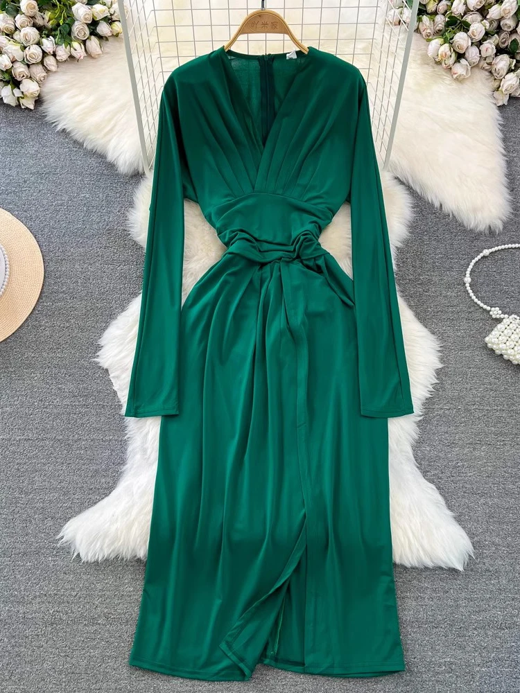 

Spring Autumn A-line Green Dresses Women Vintage Long Sleeve V-Neck Ruched Slim Fit Evening Party Dress Fashion Sexy Long Dress