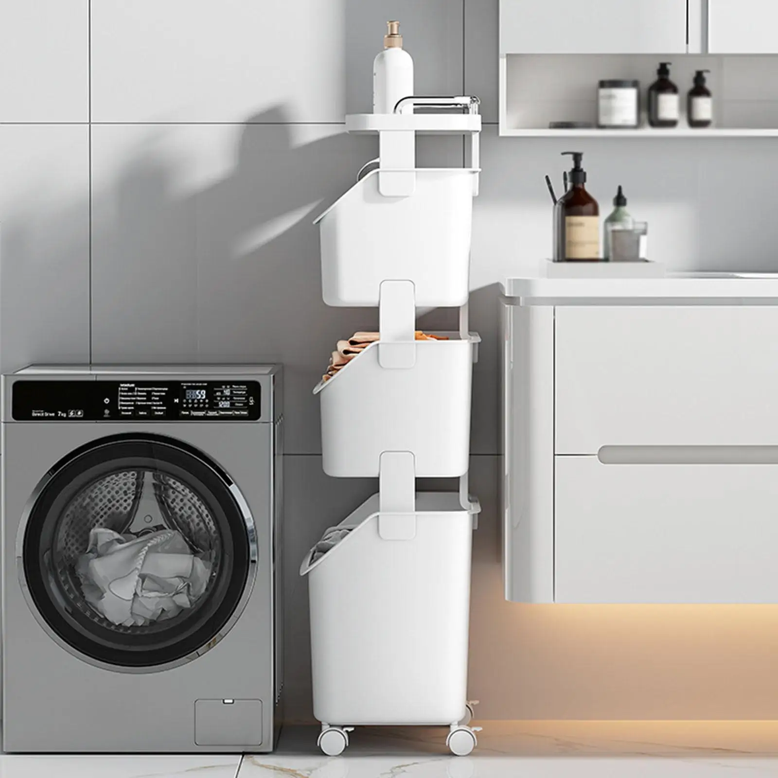 Laundry Cart Dirty Clothes Basket Storage Organizer with Wheels, Laundry Hamper Storage Shelves for Apartment Home Dorm 4