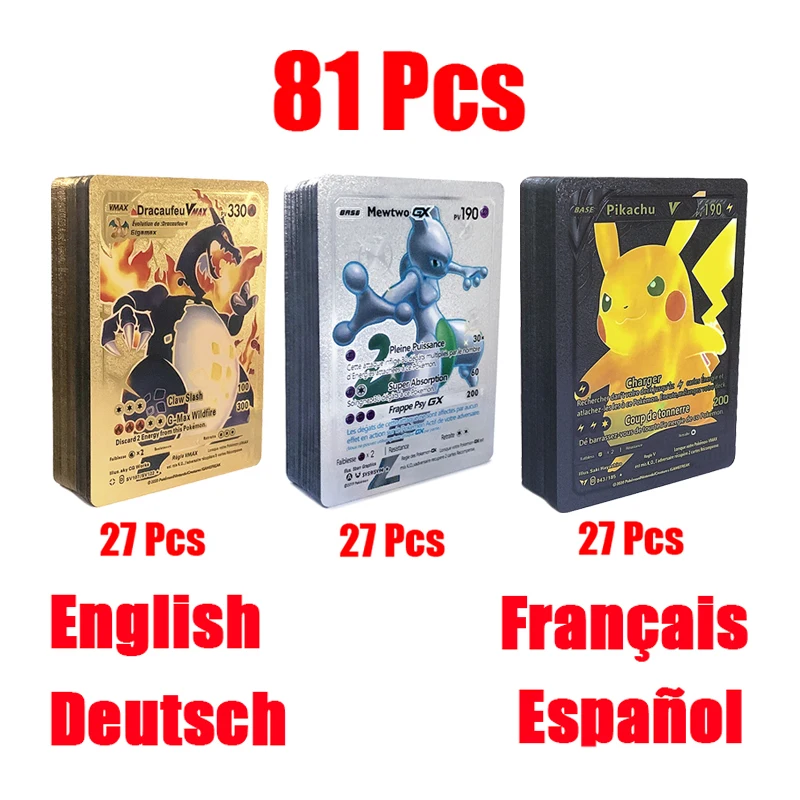 Pok&eacute;mon Cards Francaise Gold Spanish English German Foil Gold Silver Metalicas Charizard Vmax Gx Game Card pokemon cards game cards animation game cards anime cards anime trading cards collectible cards