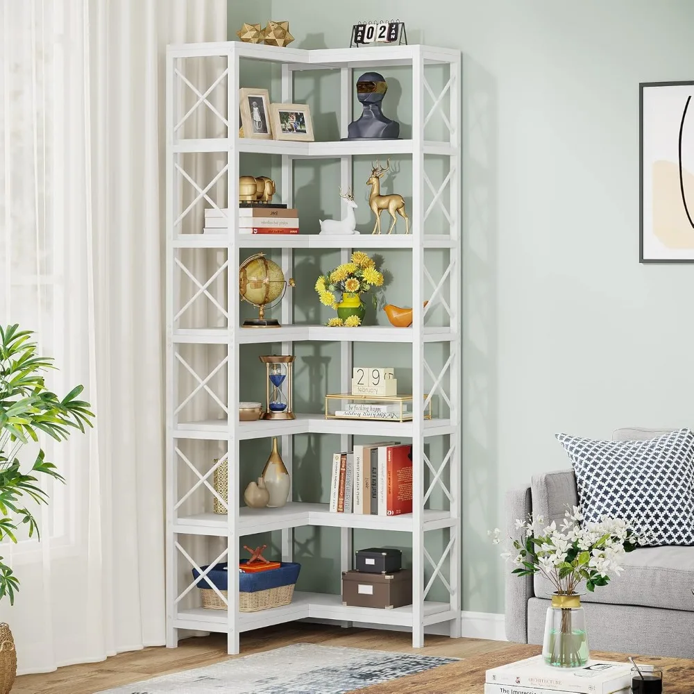 7-Shelf Corner Bookshelf,Large Modern Corner Bookcase, 7-Tier Tall Corner Shelf Storage Display Rack with Metal Frame for Livin 3