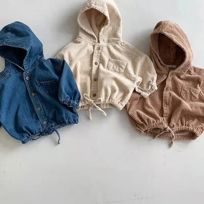Korean Style Autumn Kids Cardigan Coat Solid Denim Hoodie Baby Boys Girls Corduroy Loose Casual Coat Children Clothing