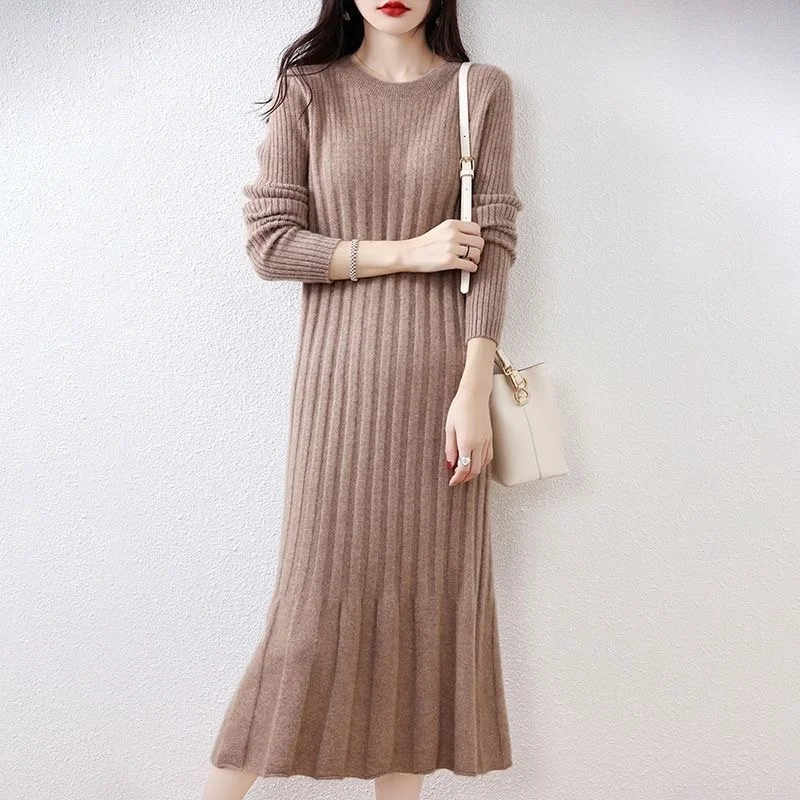 100% Cotton Autumn Winter Dress Female Long Sleeve Dress O-Neck Woolen Dresses A006
