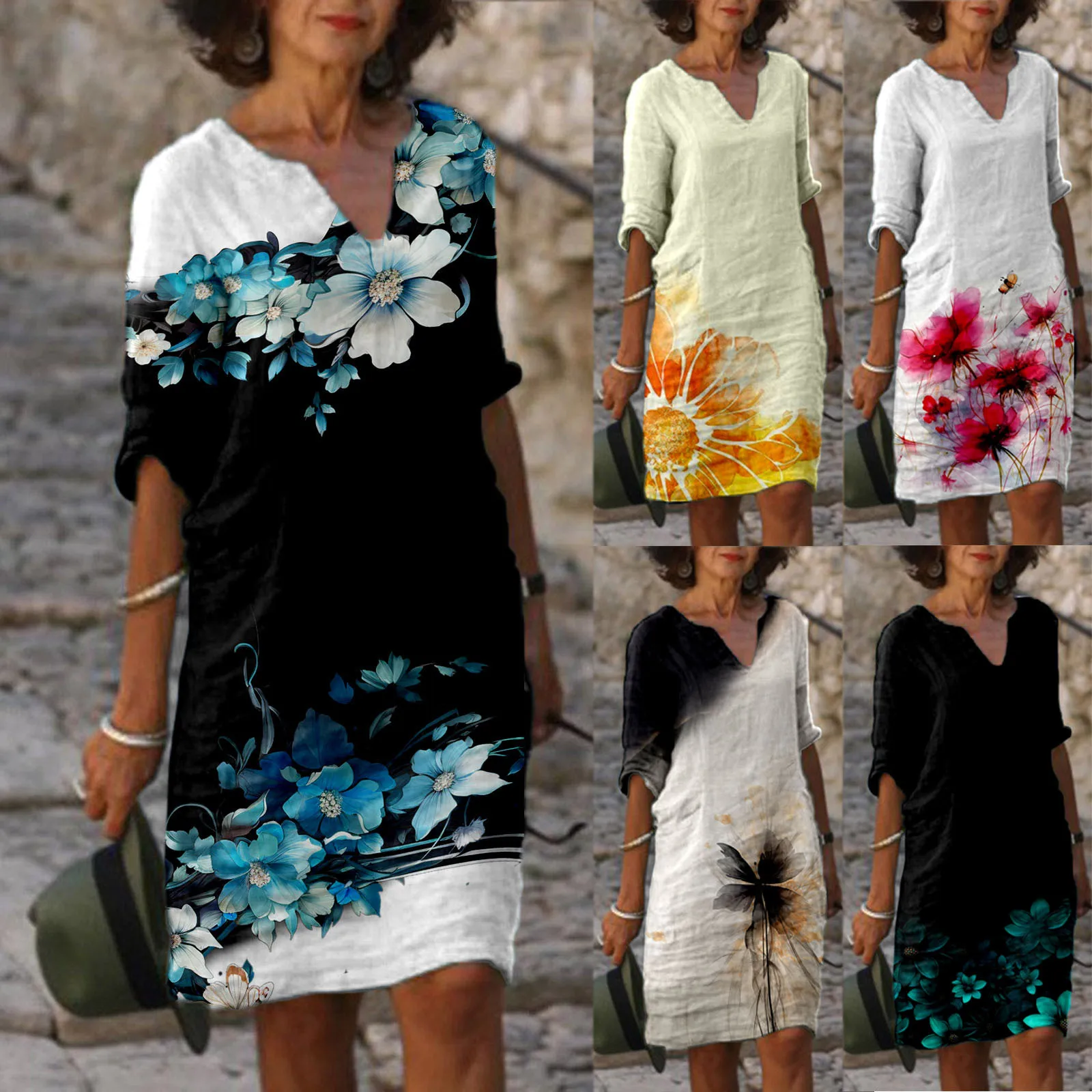 

Women Casual V Neck Elegant Retro Printed Medium Sleeved Casual Dress Casual Dress Pleated Loose Elegant