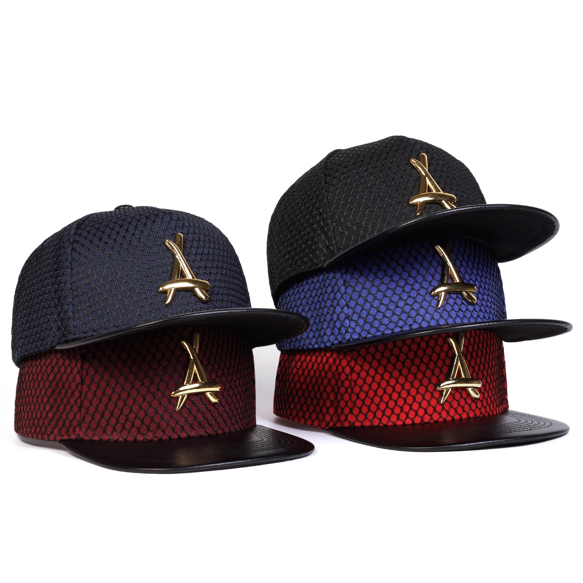Unisex-Mütze mit dreieckigem Metalletikett, Netzstoff, Hip-Hop-Mütze, für den Außenbereich, verstellbar, lässige Baseballkappen, Sonnenschutzmütze – Detail 1