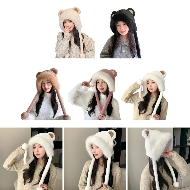 

Girls Plush Bear Ear Shape Hat Winter Student Outdoor Cycling Skiing Climbing Hat Cold Weather Keep Warm Hat