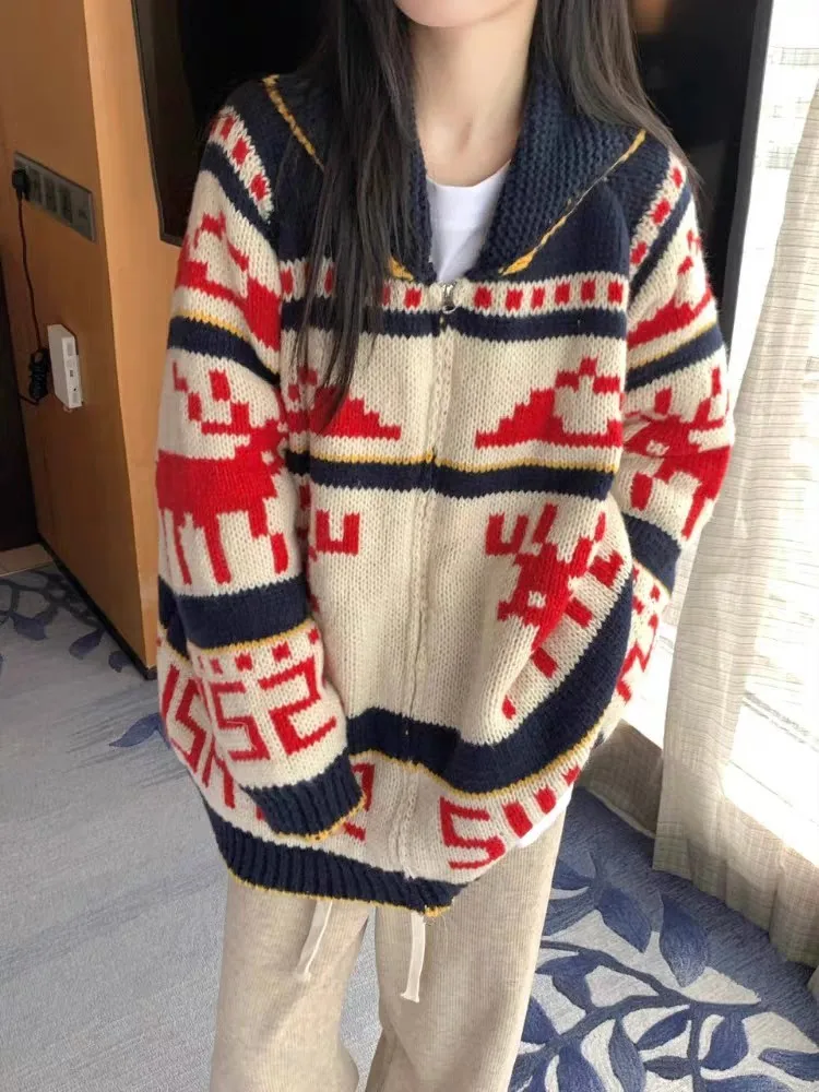 

Women's Vintage Christmas Style Elk Cardigan Lady Autumn Winter Zipper Long Sleeve Loose Festive Style Cardigan Outwear