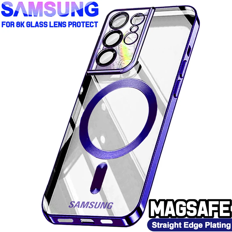 

Original Wireless Magnetic Plating Clear Cover For Magsafe Case Samsung Galaxy S21 S22 S23 FE S24 Ultra 8K Glas Lens Protection