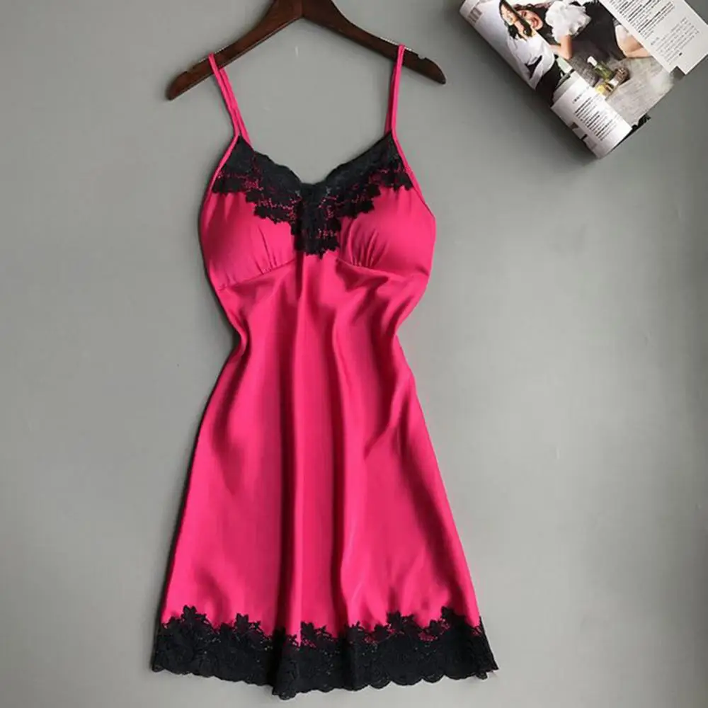 

Strappy Padded V Neck Women Nightdress Sexy Silk Satin Night Dress Sleeveless Lace Embroidery Nightgown Lace Sleepwear Nightwear