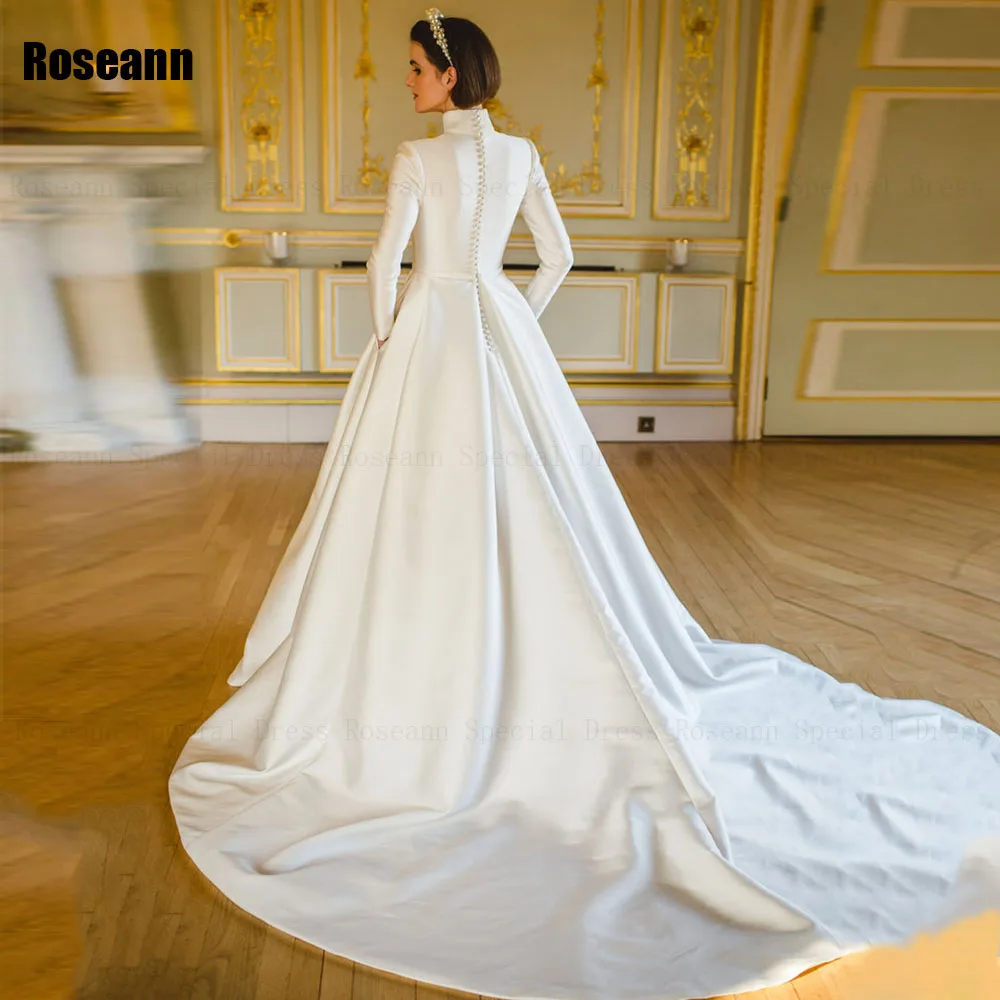 Muslim Exquisite A-line Wedding Dresses High Collar Belt Draped Pleat Brush Train Satin Bride Gown Floor Length robe de mariée 2