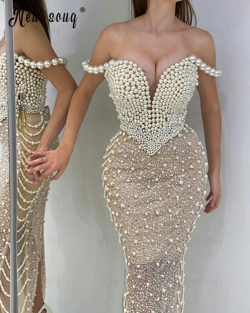 

Couture Full Pearls Party Dress Champagne Sheath Dresses Custom Made Arabic Sequins Dinner Night Gown Special Occasion Dresses