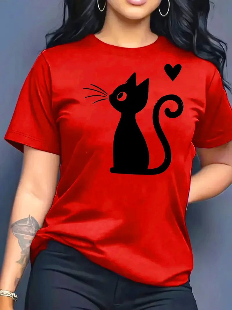 تي شيرت نسائي جديد لصيف 2026 بياقة مستديرة وتصميم عصري فضفاض مع طباعة قطط وأكمام قصيرة