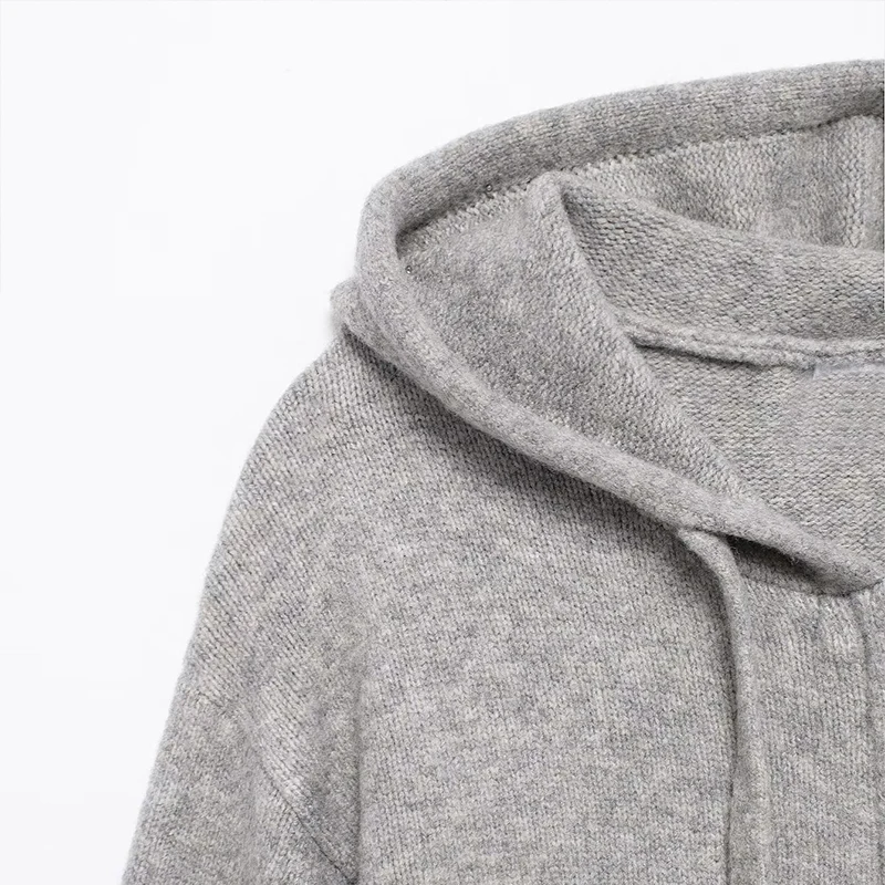 Casual Hooded Cardigans Women Gray Long Sleeve Soft Zipper Ribbed Sweater Female 2025 Spring Fashion Simple Slim-fit Top New