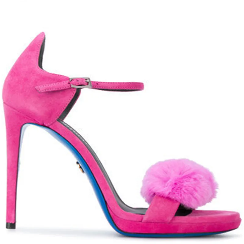 

Brand Design Fashion Women Shoes Metal Ankle Strap High Heel Fur Decoration Sandals Open Toe Shallow Pumps Party Sapato Feminino