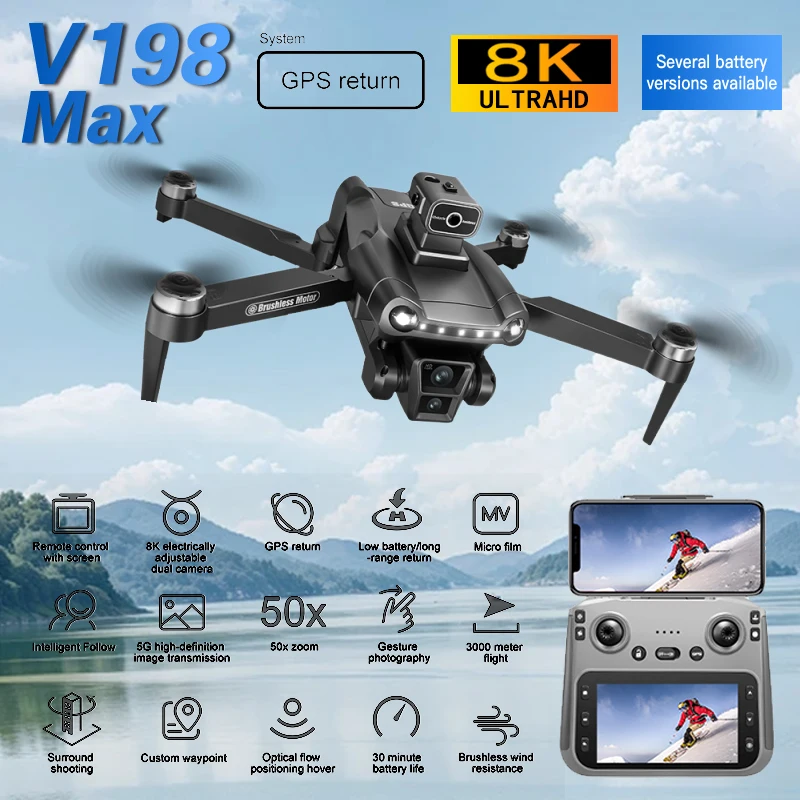 Drone Quadcopter V198 MAX GPS Drone with 8k professional HD camera WiFi/5G Brushless Foldable for Xiaomi