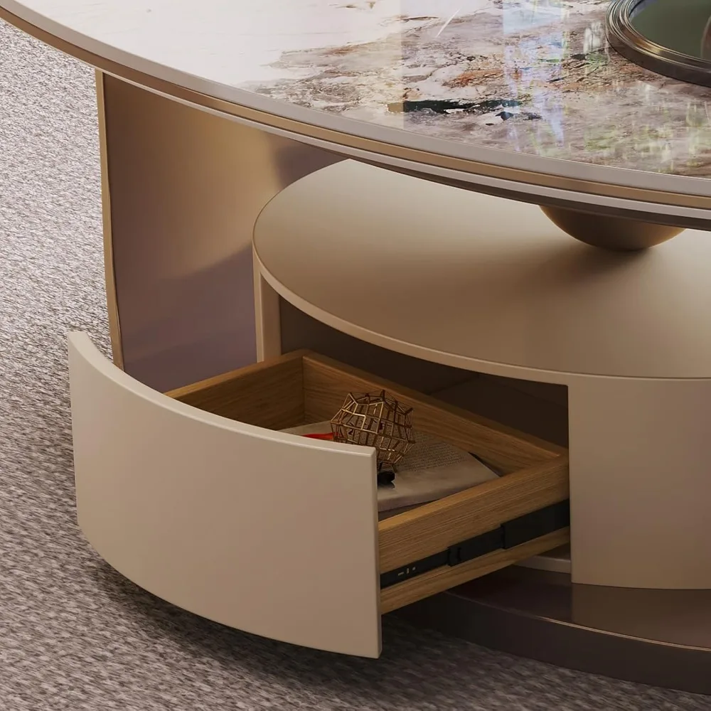 55" Modern Oval Coffee Table with Abstract Metal Base, Sintered Stone Top,Drawer for Living Room-Gary, Coffee table 4