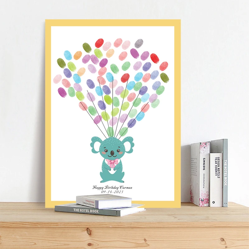 Personalized Them Name Date Cartoon Animal Baby Shower,Baptism and Kids Birthday Party Decoration Fingerprint DIY Painting