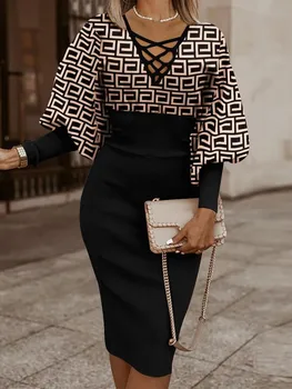 Long-sleeved V-neck dress for women Fashionable Autumn Winter Slim Vintage print Dresses covering the hip Woman 1