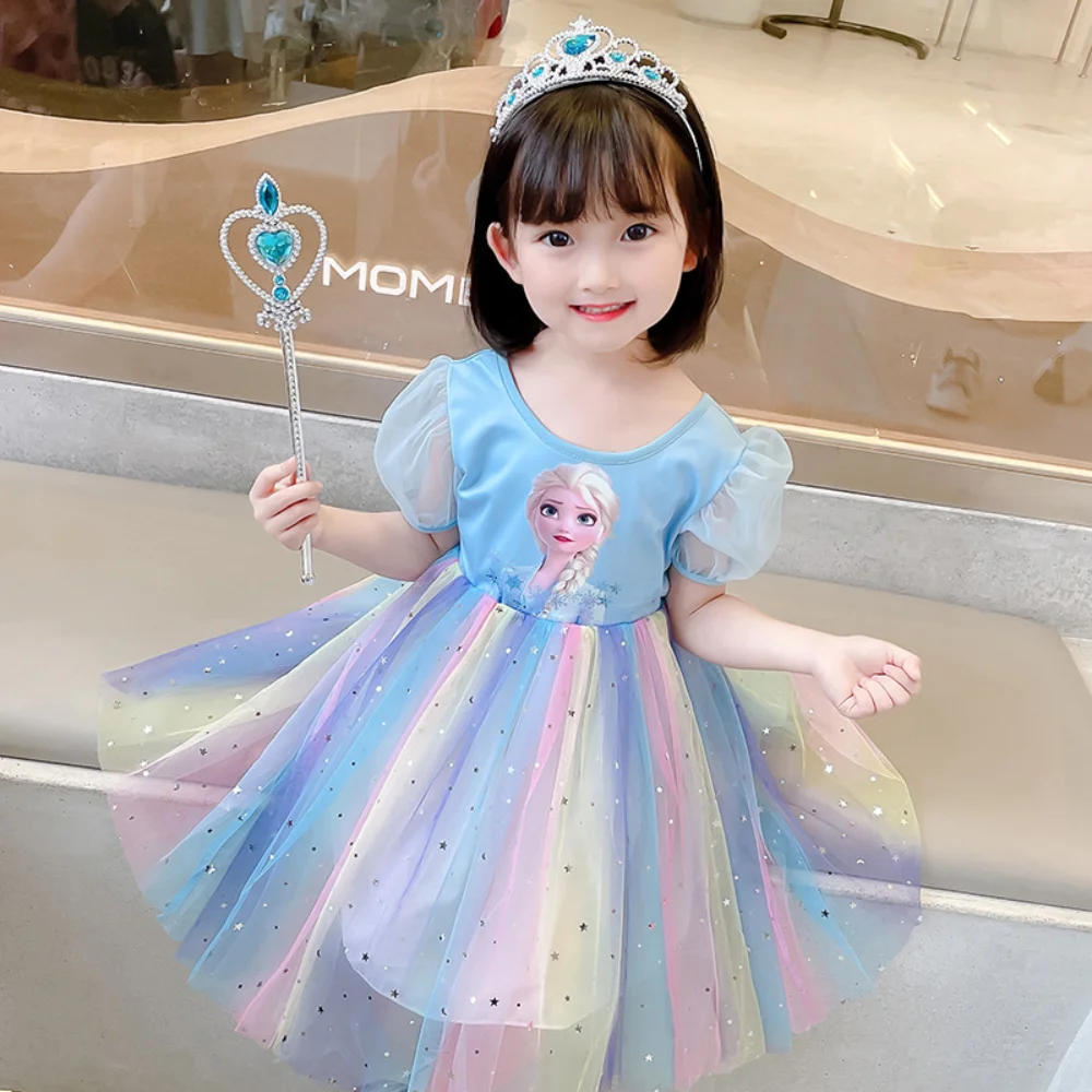 

Girls' Short Sleeve Princess Elsa Dresses Frozen Cartoon Mesh Sequin Summer Children's Rainbow Pink Dress for Kids 2-10 Years