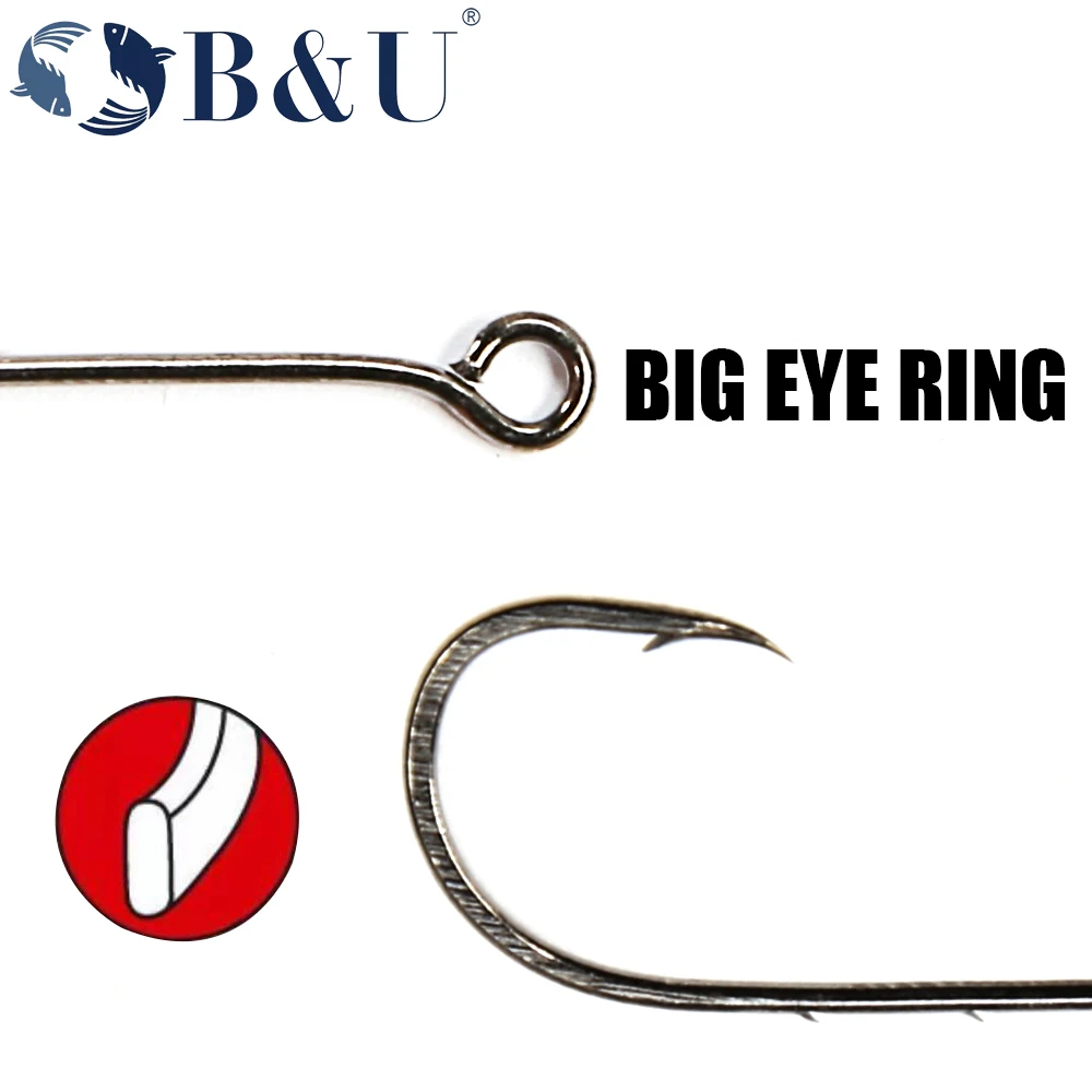 B&U 20-Piece Big Eye Barbed Fishing Hooks with Long Shank and Round Bent Joint