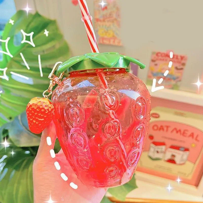 500ml Cute Strawberry Design Portable Water Bottle with Straw