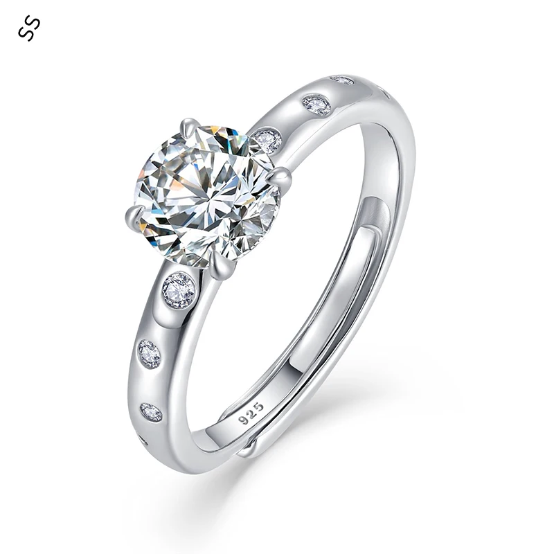

Luxury 1 Carat D Color VVS Moissanite Wedding Rings Open Resizable Lady Engagement Gift Hand Embellishments