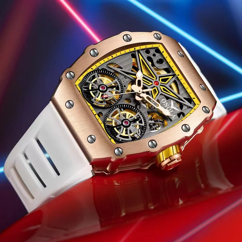 Luxury Automatic Watch Men Sport Casual Rubber Strap Fashion Decorative Double Tourbillon Mechanical Wristwatch Man