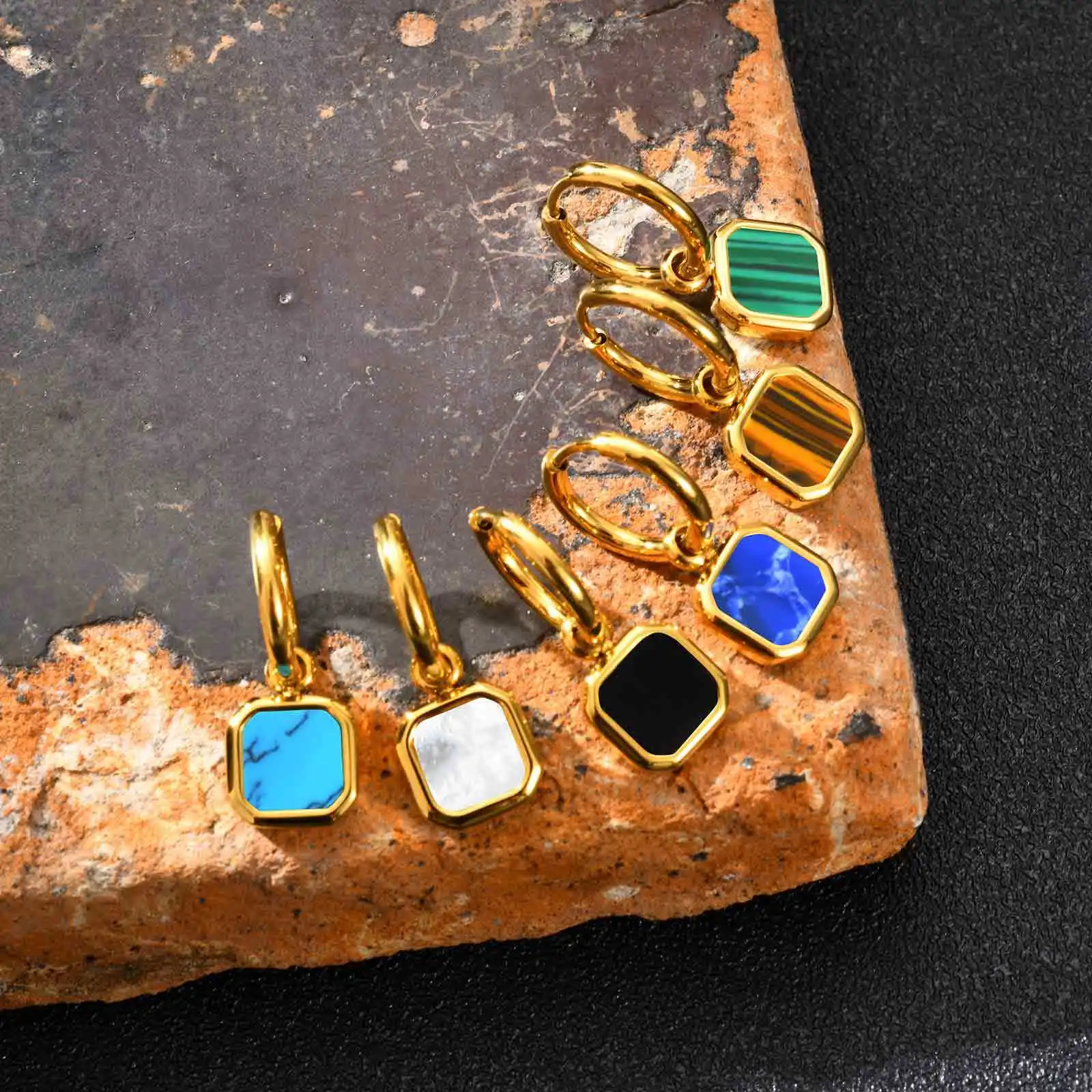 Stylish Men's Huggie Hoop Earrings,Trendy Natrual Stone Stainless Steel Square Ear Drop,Luxury Birthday Party Anniversary Gift