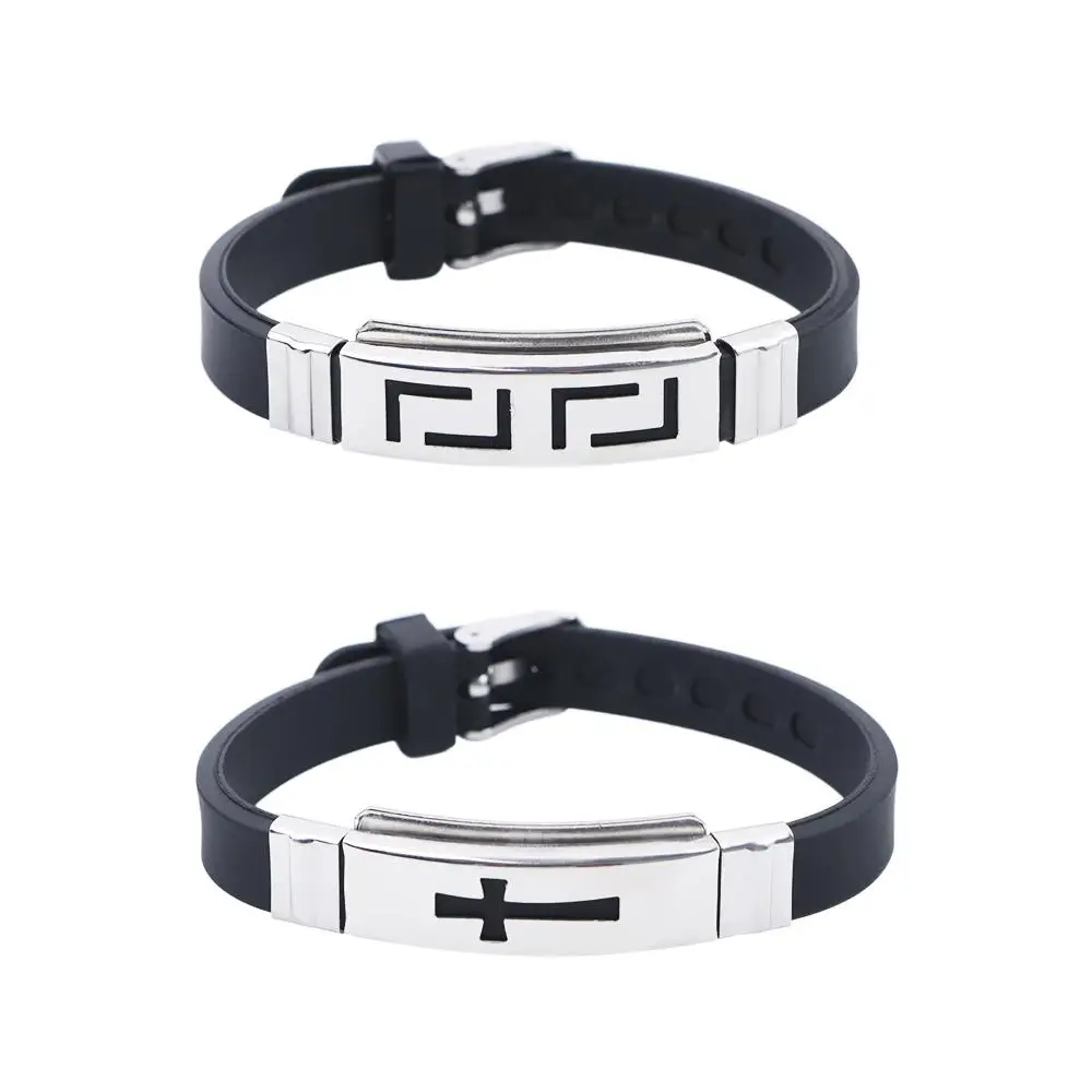 

Street Wear Stainless Steel Cross Hui Pattern Personality Silicone Bracelet Korean Hand Rope Jewelry Accessories Men Wristband