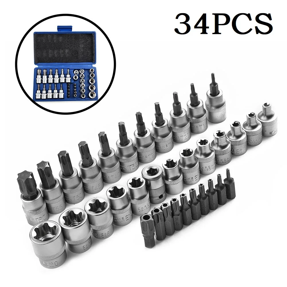 34 Pcs Torx Star Socket Bit Set Maschio/Femmina E-Security Bits Per Viti Rimuovi Strumento Di Azionamento Chiave Dinamometrica Utensili Accessori